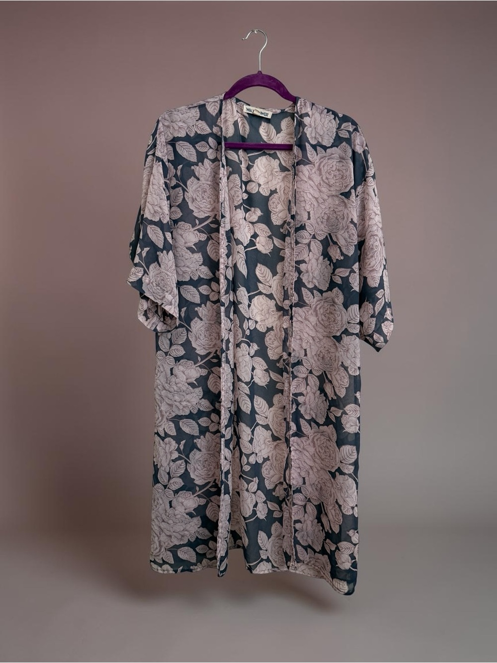 Wallflower Blush Floral Satin Kimono Robe on Charcoal